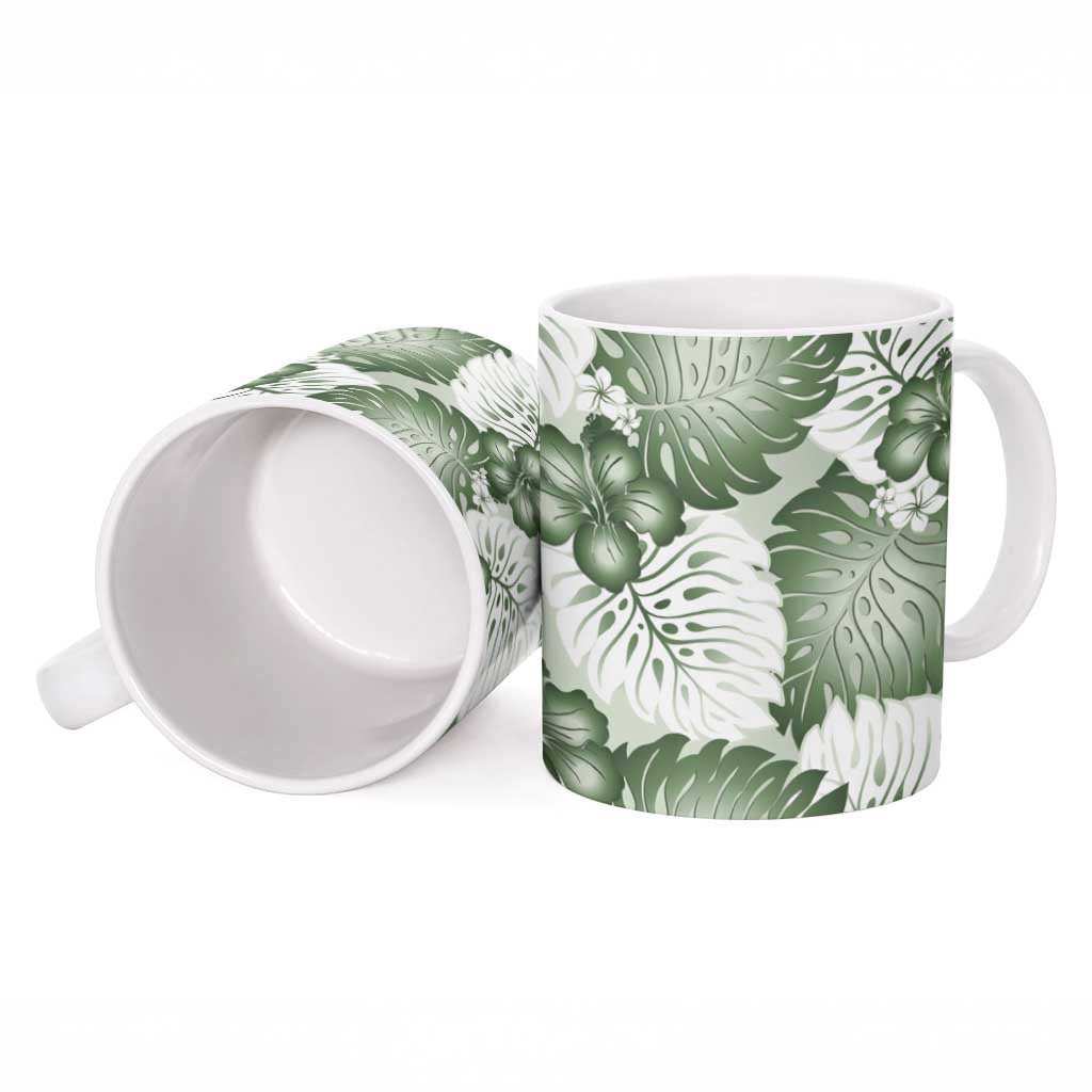Sage Green Aloha Hawaii Ceramic Mug Monstera Hibiscus Plumeria Seamless Vibes - Polynesian Pride