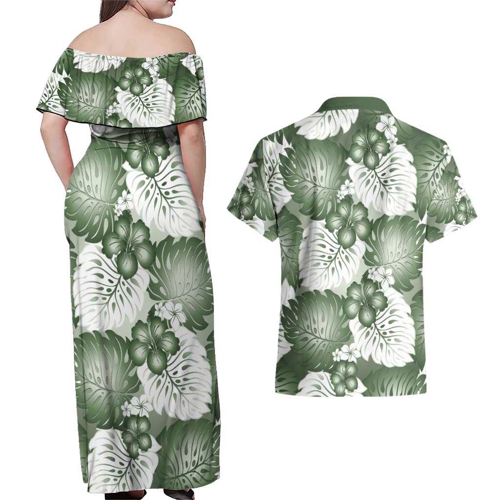 Sage Green Aloha Hawaii Couples Matching Off Shoulder Maxi Dress and Hawaiian Shirt Monstera Hibiscus Plumeria Seamless Vibes - Polynesian Pride