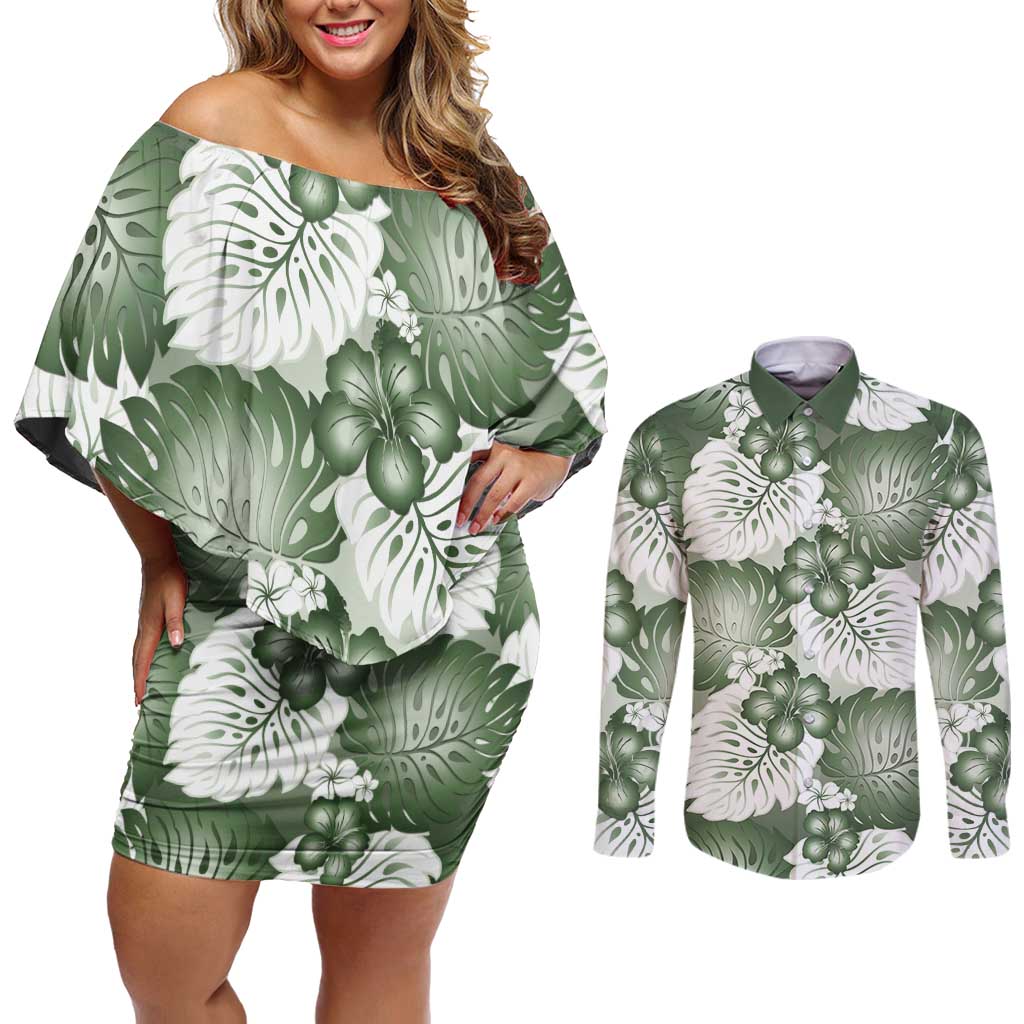 Sage Green Aloha Hawaii Couples Matching Off Shoulder Short Dress and Long Sleeve Button Shirt Monstera Hibiscus Plumeria Seamless Vibes - Polynesian Pride