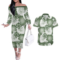Sage Green Aloha Hawaii Couples Matching Off The Shoulder Long Sleeve Dress and Hawaiian Shirt Monstera Hibiscus Plumeria Seamless Vibes - Polynesian Pride