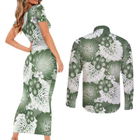 Sage Green Aloha Hawaii Couples Matching Short Sleeve Bodycon Dress and Long Sleeve Button Shirt Monstera Hibiscus Plumeria Seamless Vibes - Polynesian Pride