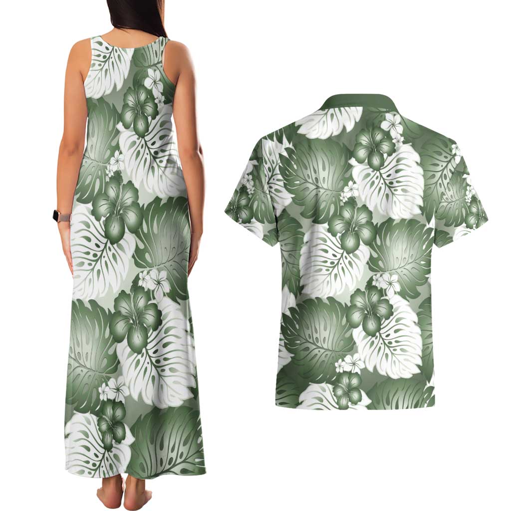 Sage Green Aloha Hawaii Couples Matching Tank Maxi Dress and Hawaiian Shirt Monstera Hibiscus Plumeria Seamless Vibes - Polynesian Pride