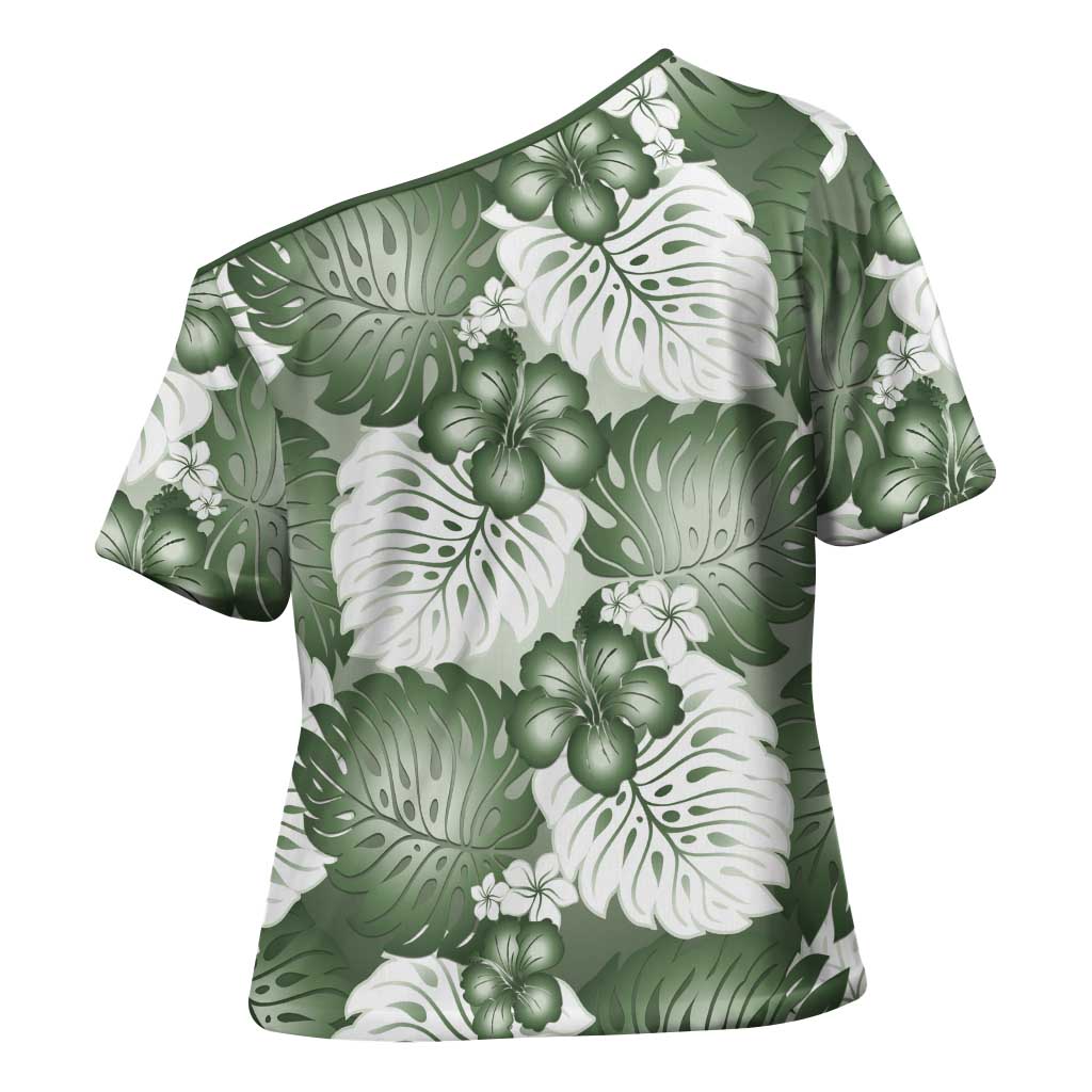 Sage Green Aloha Hawaii Cross Shoulder Shirt Monstera Hibiscus Plumeria Seamless Vibes - Polynesian Pride