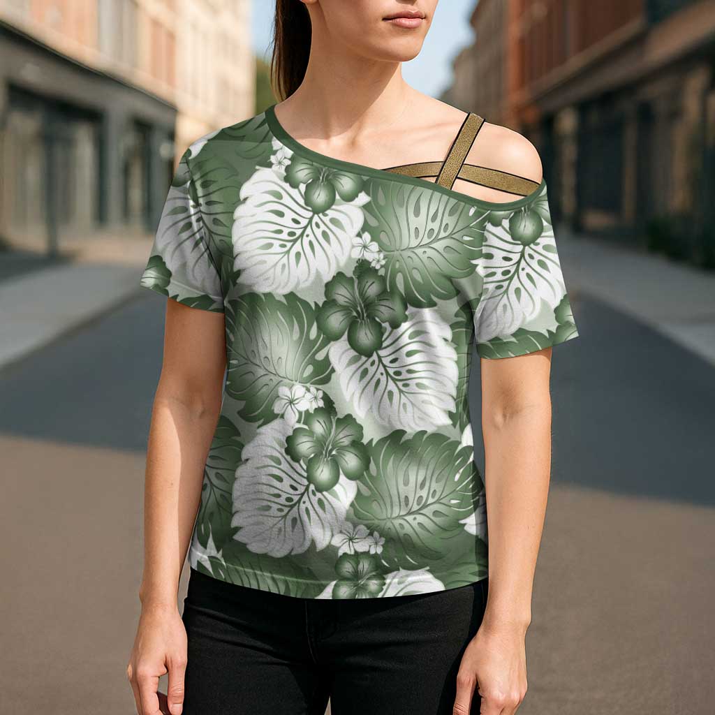 Sage Green Aloha Hawaii Cross Shoulder Shirt Monstera Hibiscus Plumeria Seamless Vibes - Polynesian Pride