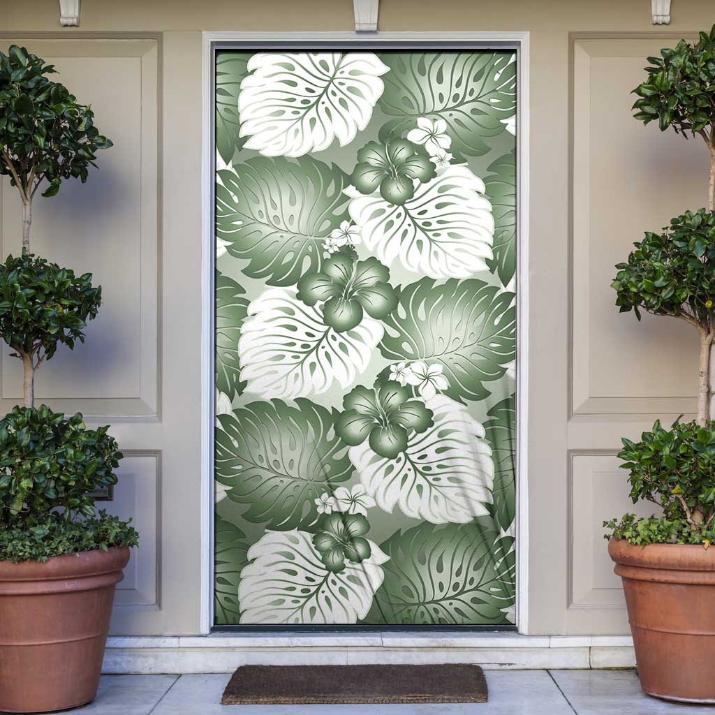 Sage Green Aloha Hawaii Door Cover Monstera Hibiscus Plumeria Seamless Vibes - Polynesian Pride