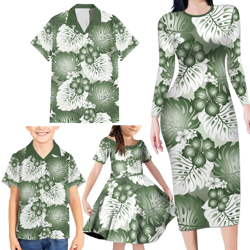 Sage Green Aloha Hawaii Family Matching Long Sleeve Bodycon Dress and Hawaiian Shirt Monstera Hibiscus Plumeria Seamless Vibes - Polynesian Pride