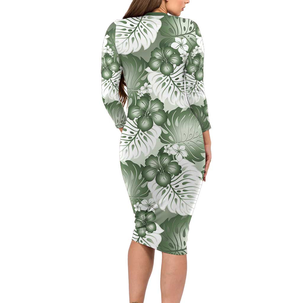 Sage Green Aloha Hawaii Family Matching Long Sleeve Bodycon Dress and Hawaiian Shirt Monstera Hibiscus Plumeria Seamless Vibes - Polynesian Pride