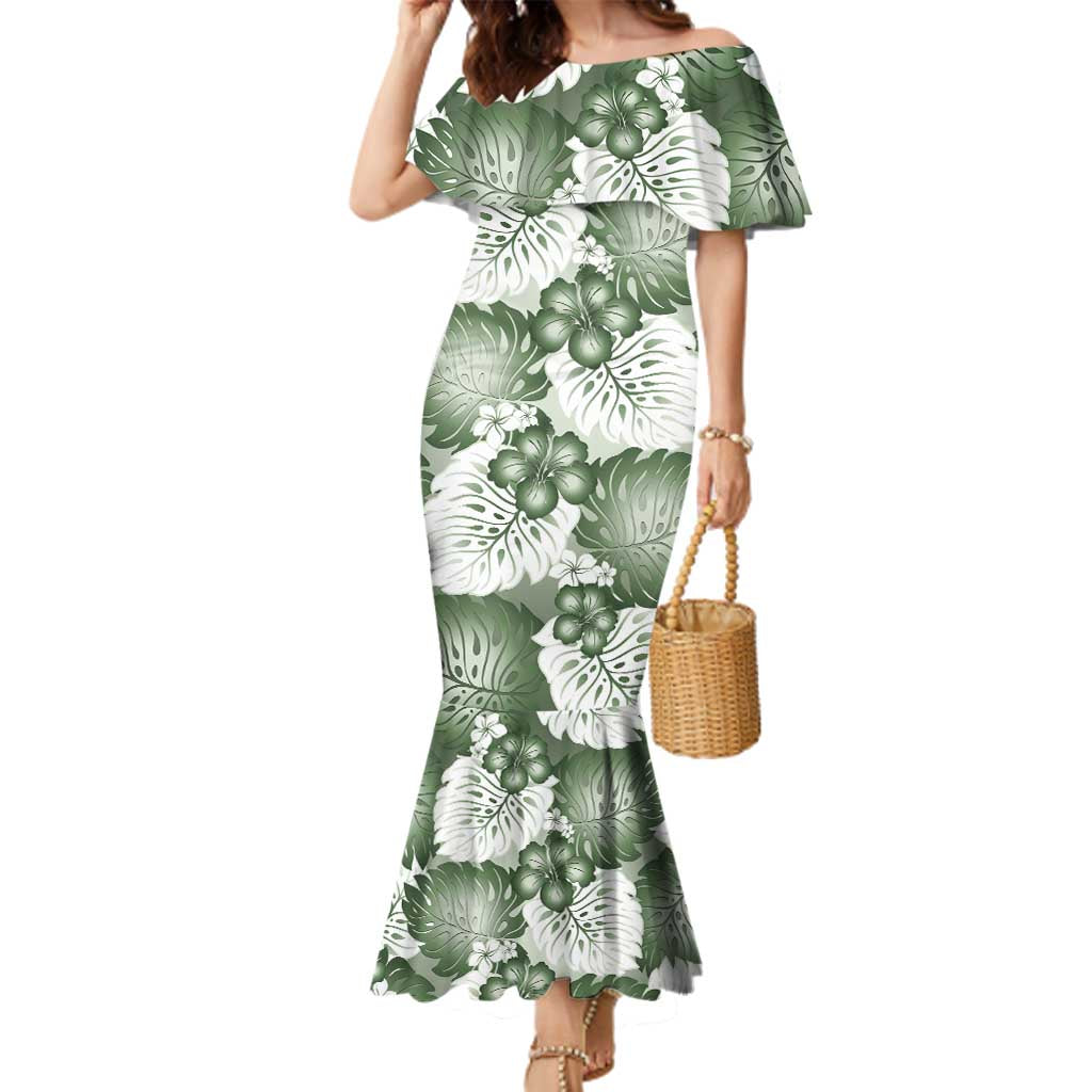 Sage Green Aloha Hawaii Family Matching Mermaid Dress and Hawaiian Shirt Monstera Hibiscus Plumeria Seamless Vibes - Polynesian Pride