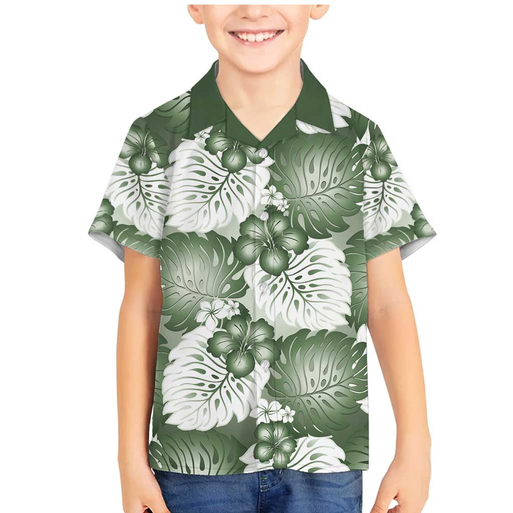 Sage Green Aloha Hawaii Family Matching Mermaid Dress and Hawaiian Shirt Monstera Hibiscus Plumeria Seamless Vibes - Polynesian Pride