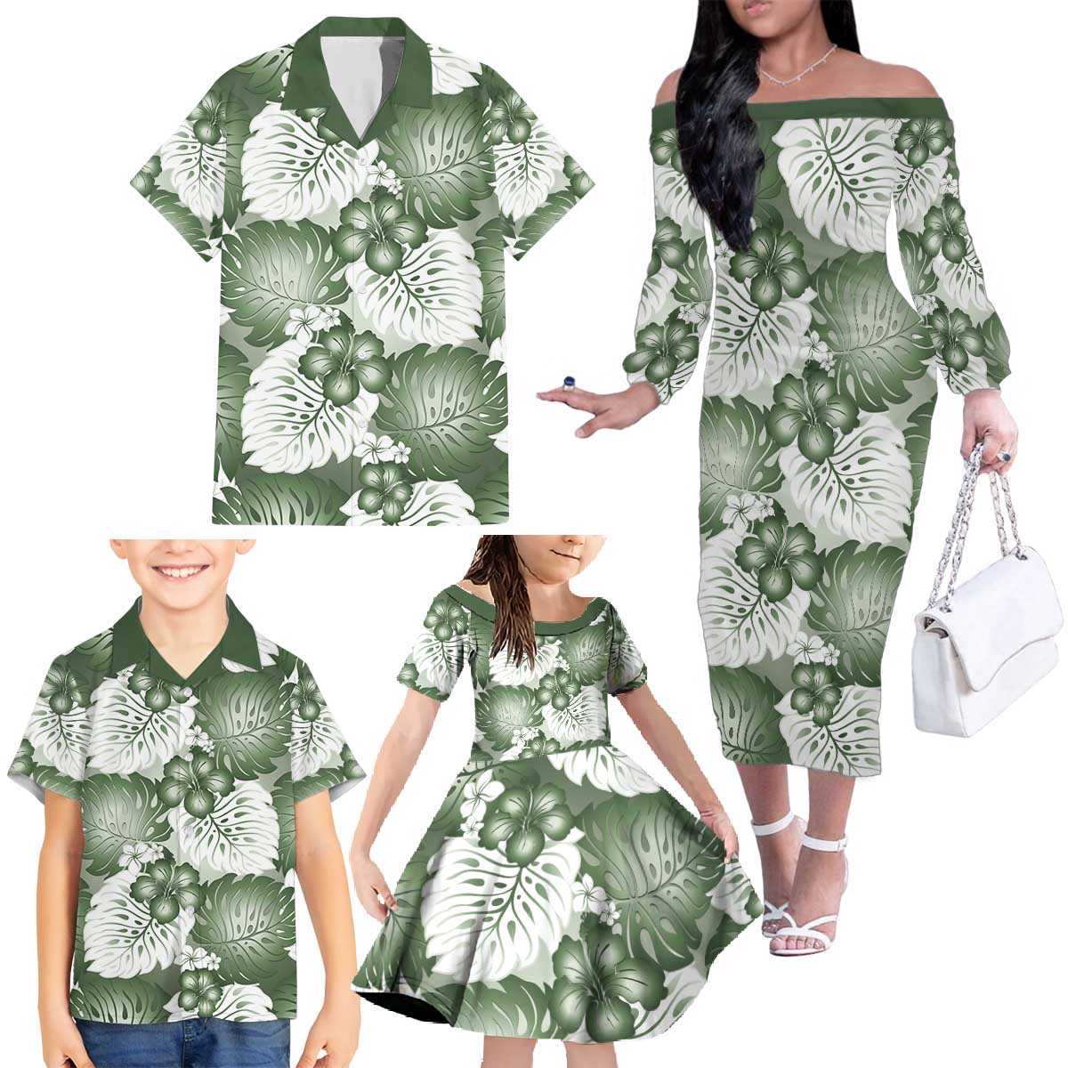 Sage Green Aloha Hawaii Family Matching Off The Shoulder Long Sleeve Dress and Hawaiian Shirt Monstera Hibiscus Plumeria Seamless Vibes - Polynesian Pride
