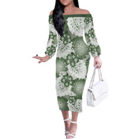 Sage Green Aloha Hawaii Family Matching Off The Shoulder Long Sleeve Dress and Hawaiian Shirt Monstera Hibiscus Plumeria Seamless Vibes - Polynesian Pride