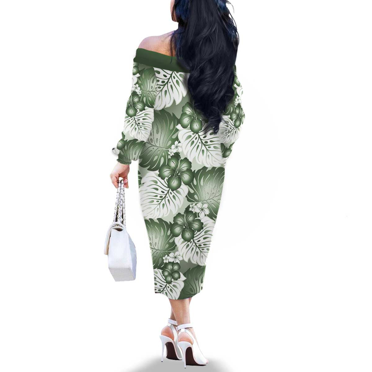 Sage Green Aloha Hawaii Family Matching Off The Shoulder Long Sleeve Dress and Hawaiian Shirt Monstera Hibiscus Plumeria Seamless Vibes - Polynesian Pride