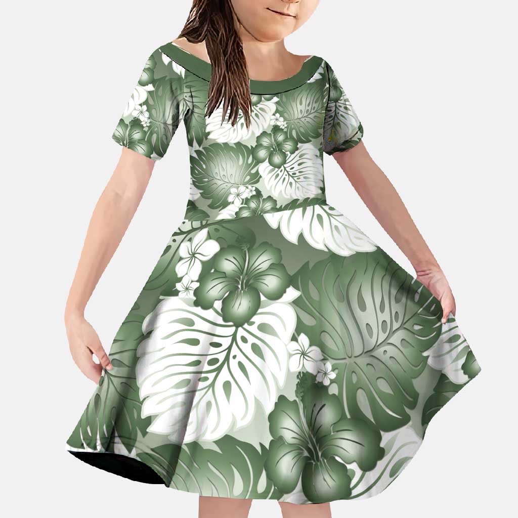 Sage Green Aloha Hawaii Family Matching Off Shoulder Maxi Dress and Hawaiian Shirt Monstera Hibiscus Plumeria Seamless Vibes - Polynesian Pride