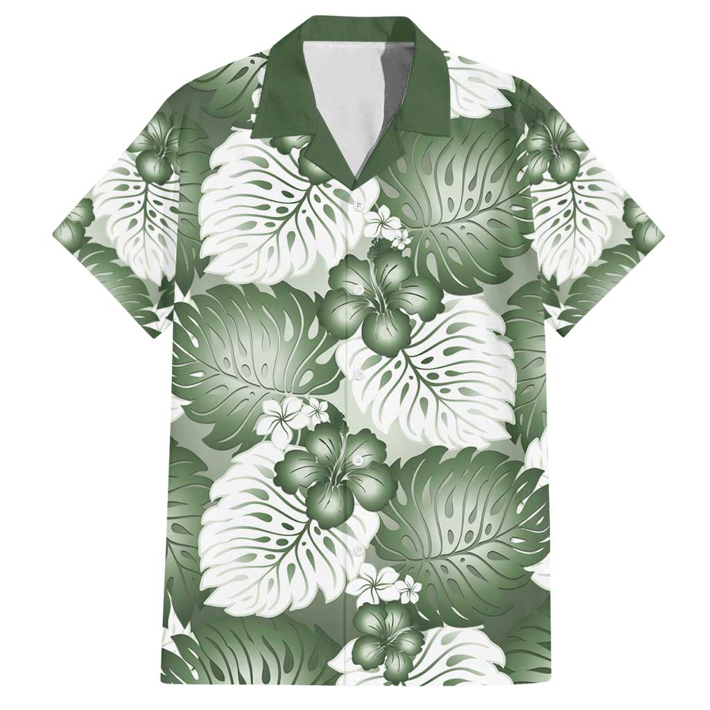 Sage Green Aloha Hawaii Family Matching Off Shoulder Maxi Dress and Hawaiian Shirt Monstera Hibiscus Plumeria Seamless Vibes - Polynesian Pride