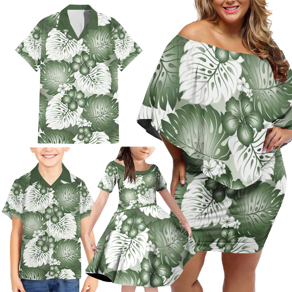 Sage Green Aloha Hawaii Family Matching Off Shoulder Short Dress and Hawaiian Shirt Monstera Hibiscus Plumeria Seamless Vibes - Polynesian Pride
