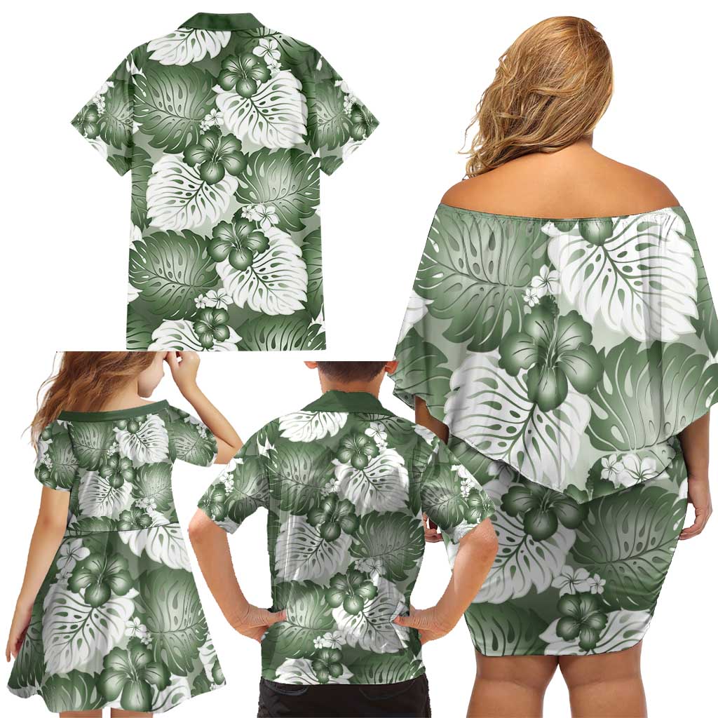 Sage Green Aloha Hawaii Family Matching Off Shoulder Short Dress and Hawaiian Shirt Monstera Hibiscus Plumeria Seamless Vibes - Polynesian Pride