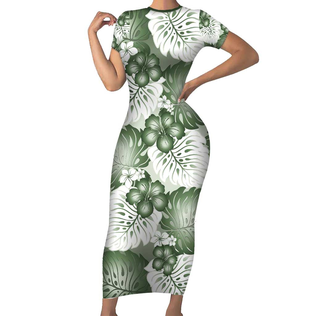 Sage Green Aloha Hawaii Family Matching Short Sleeve Bodycon Dress and Hawaiian Shirt Monstera Hibiscus Plumeria Seamless Vibes - Polynesian Pride