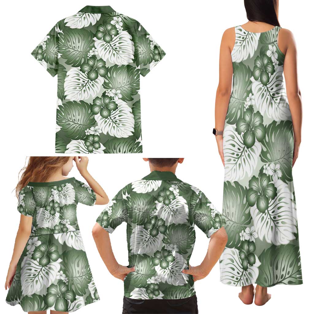 Sage Green Aloha Hawaii Family Matching Tank Maxi Dress and Hawaiian Shirt Monstera Hibiscus Plumeria Seamless Vibes - Polynesian Pride