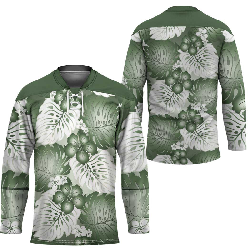 Sage Green Aloha Hawaii Hockey Jersey Monstera Hibiscus Plumeria Seamless Vibes - Polynesian Pride