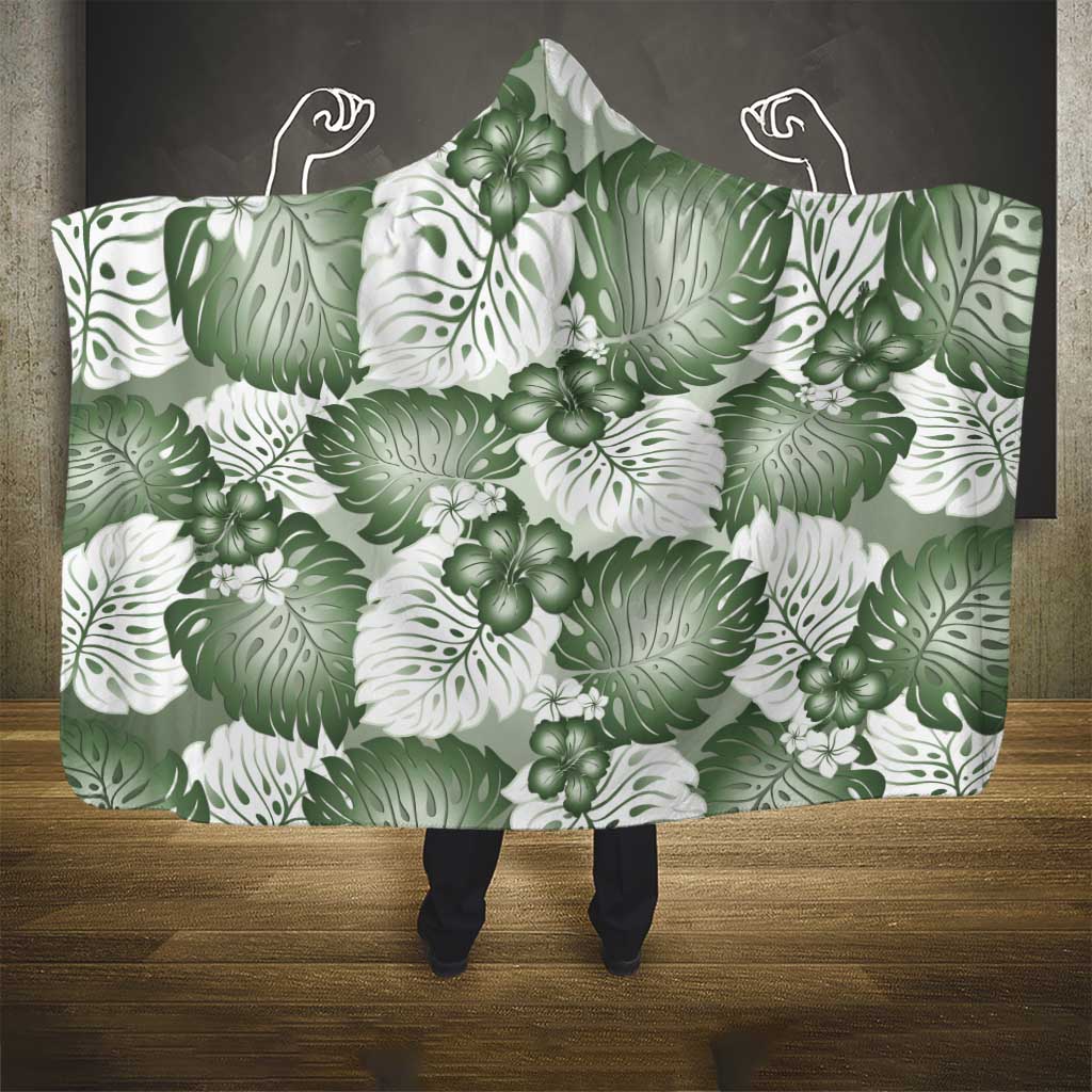 Sage Green Aloha Hawaii Hooded Blanket Monstera Hibiscus Plumeria Seamless Vibes - Polynesian Pride