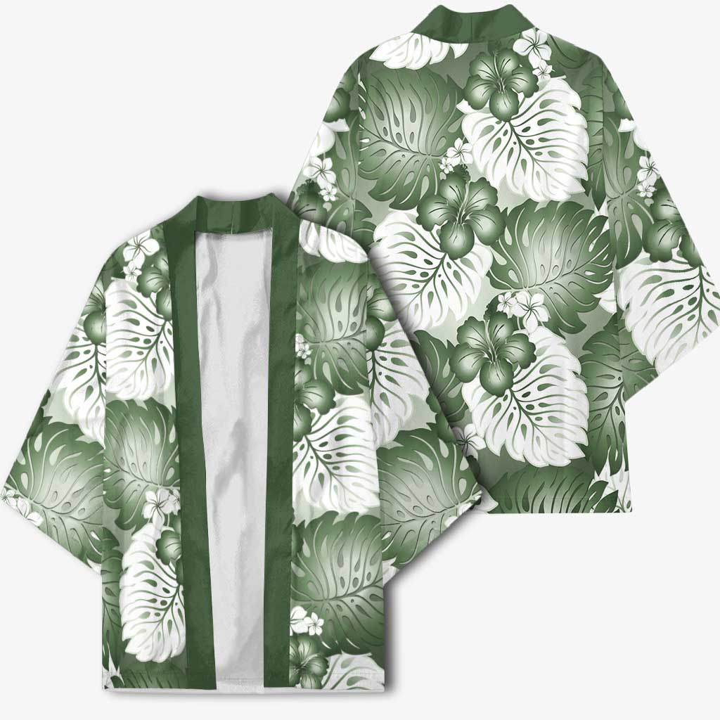 Sage Green Aloha Hawaii Kimono Monstera Hibiscus Plumeria Seamless Vibes - Polynesian Pride