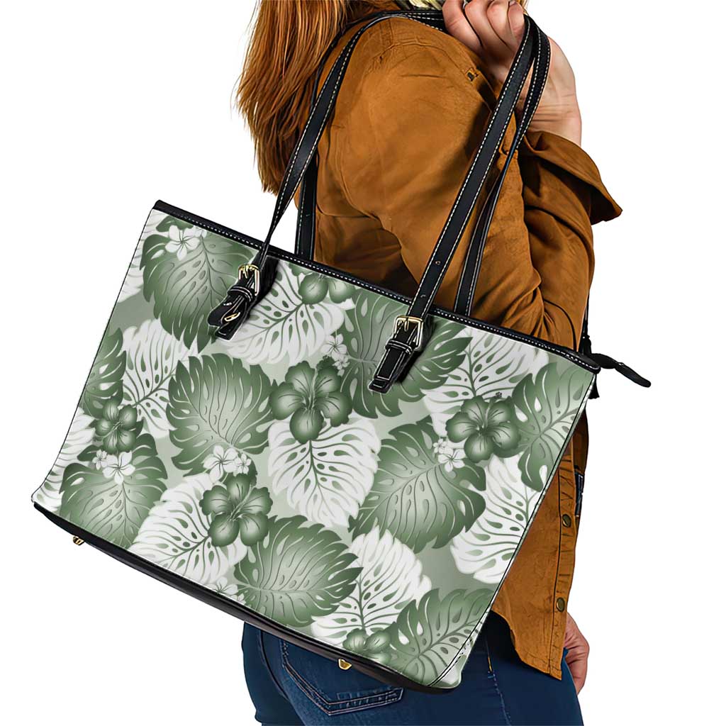 Sage Green Aloha Hawaii Leather Tote Bag Monstera Hibiscus Plumeria Seamless Vibes - Polynesian Pride