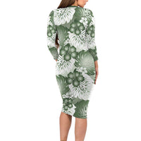 Sage Green Aloha Hawaii Long Sleeve Bodycon Dress Monstera Hibiscus Plumeria Seamless Vibes - Polynesian Pride