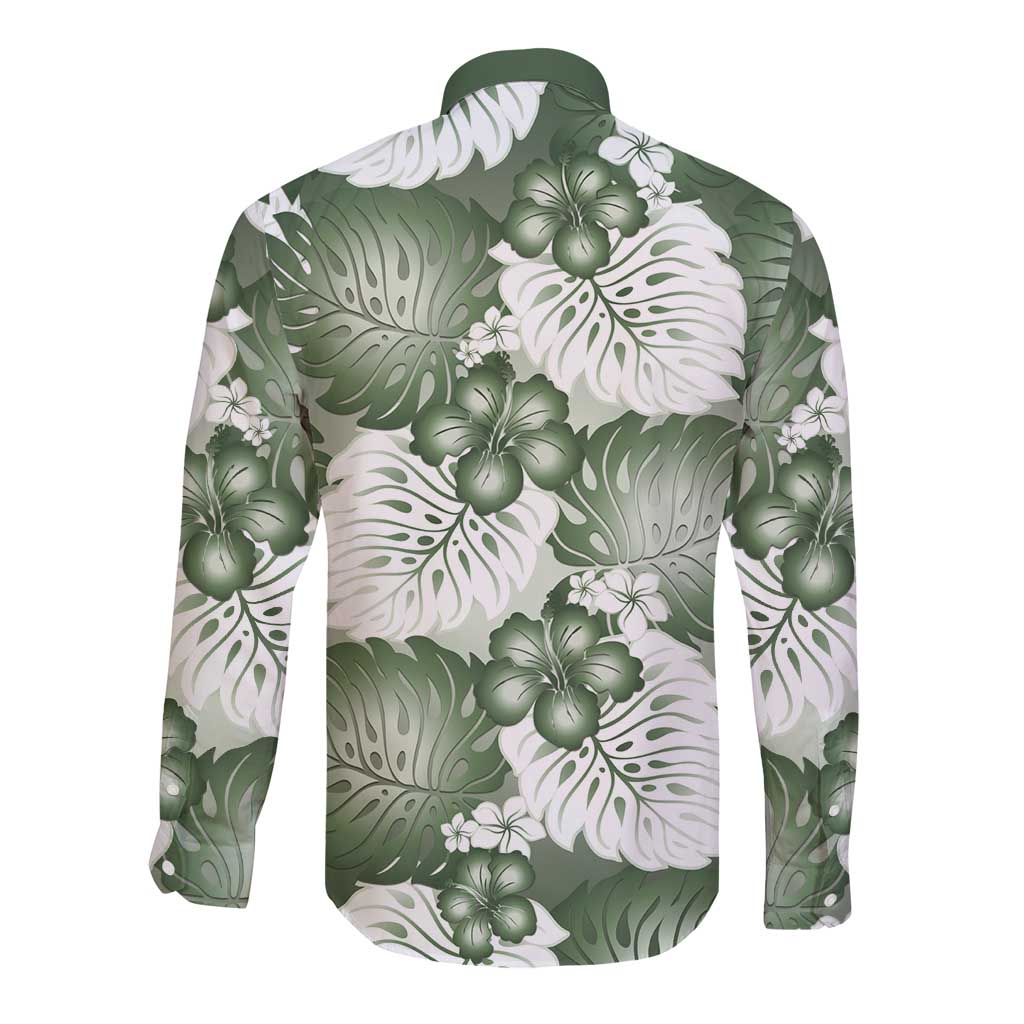 Sage Green Aloha Hawaii Long Sleeve Button Shirt Monstera Hibiscus Plumeria Seamless Vibes - Polynesian Pride
