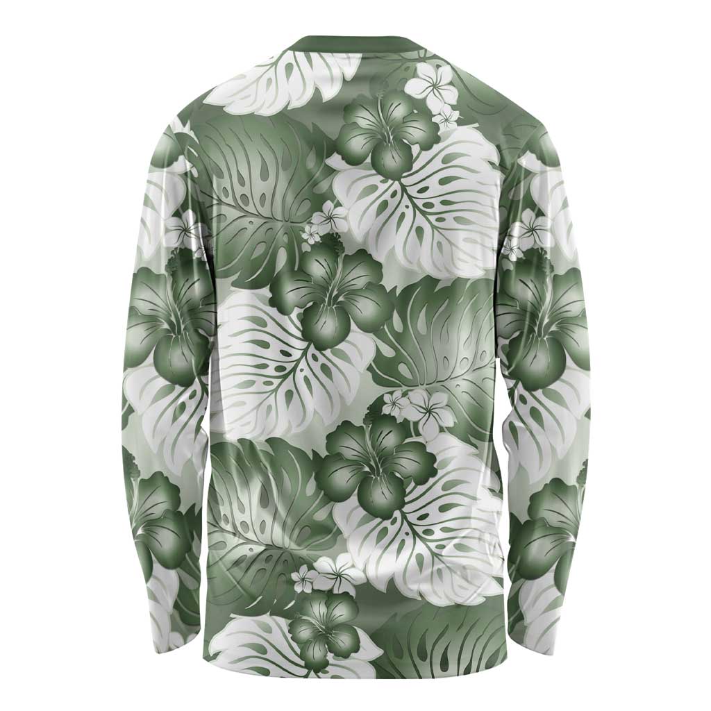 Sage Green Aloha Hawaii Long Sleeve Shirt Monstera Hibiscus Plumeria Seamless Vibes - Polynesian Pride