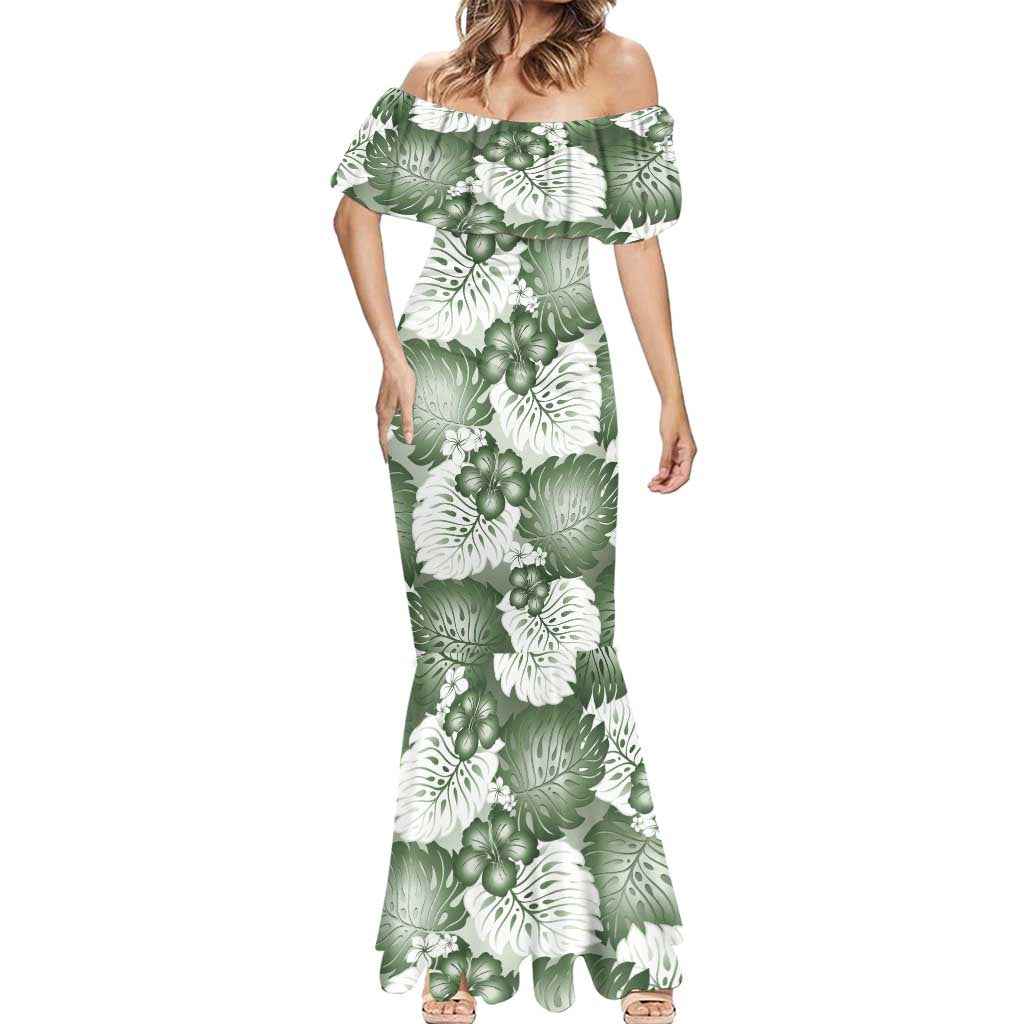 Sage Green Aloha Hawaii Mermaid Dress Monstera Hibiscus Plumeria Seamless Vibes - Polynesian Pride