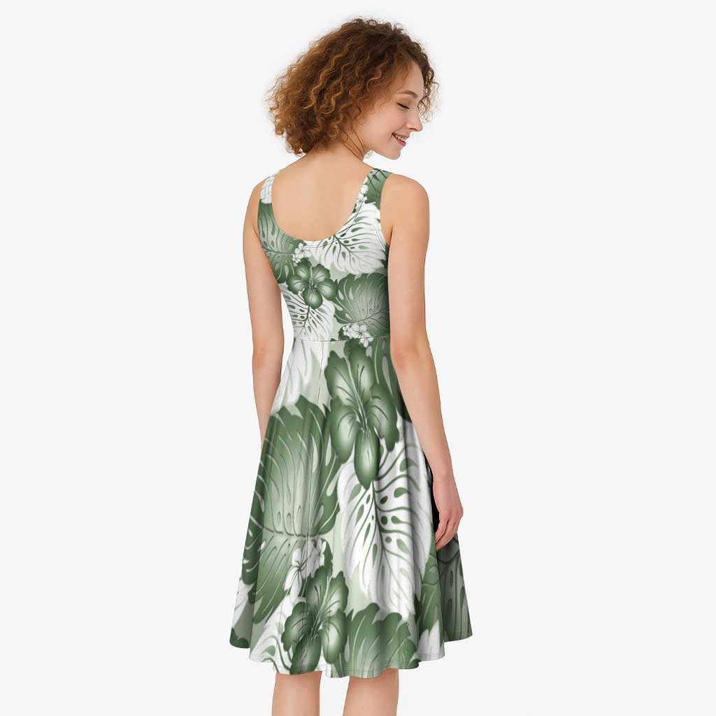 Sage Green Aloha Hawaii Midi Dress Monstera Hibiscus Plumeria Seamless Vibes - Polynesian Pride