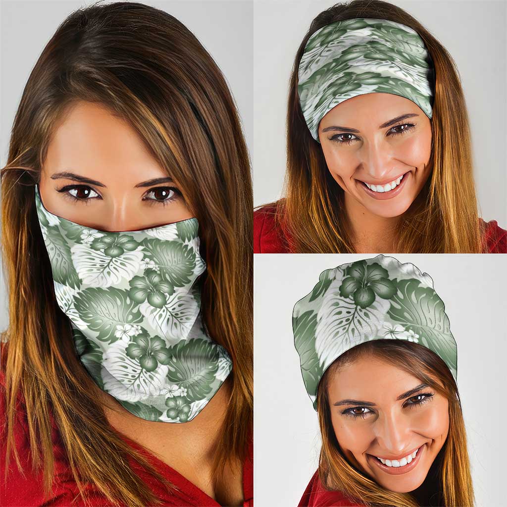Sage Green Aloha Hawaii Neck Gaiter Monstera Hibiscus Plumeria Seamless Vibes LT14