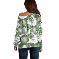 Sage Green Aloha Hawaii Off Shoulder Sweater Monstera Hibiscus Plumeria Seamless Vibes - Polynesian Pride