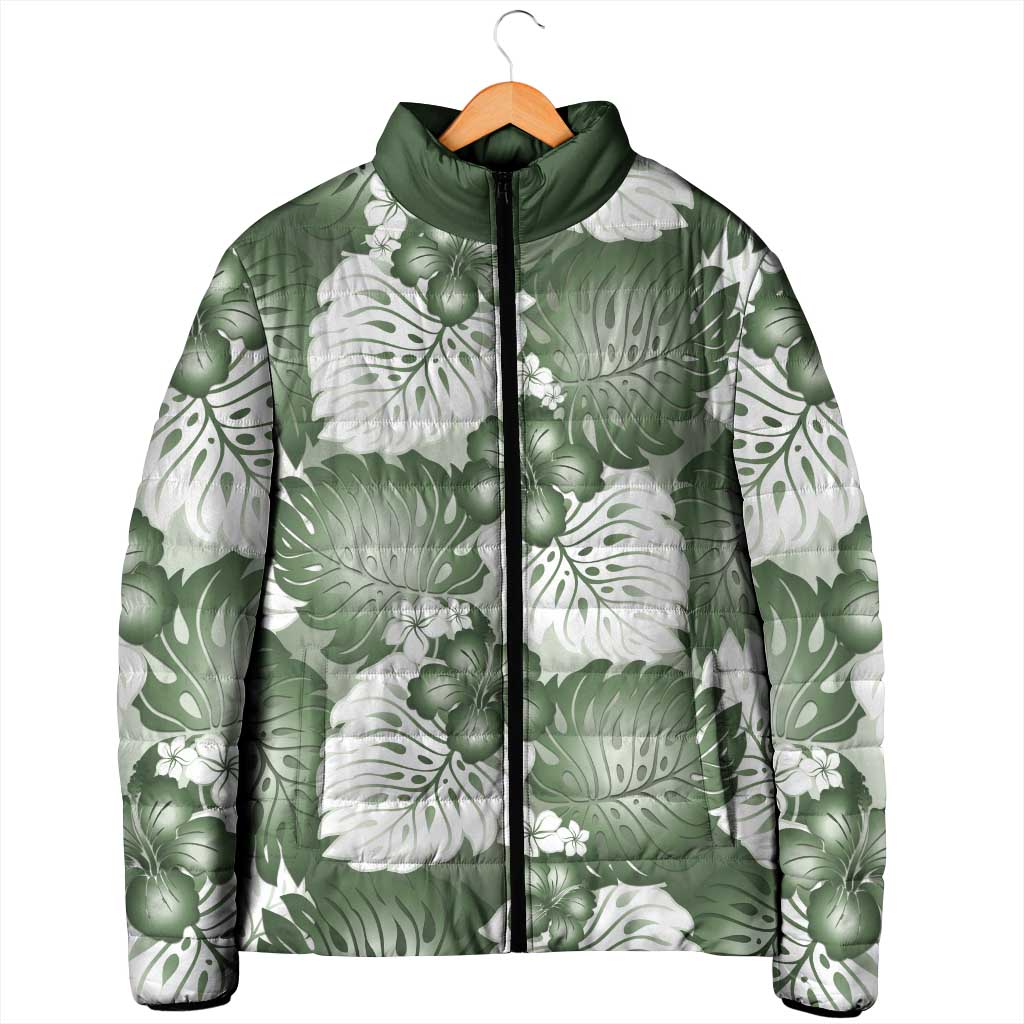 Sage Green Aloha Hawaii Padded Jacket Monstera Hibiscus Plumeria Seamless Vibes - Polynesian Pride
