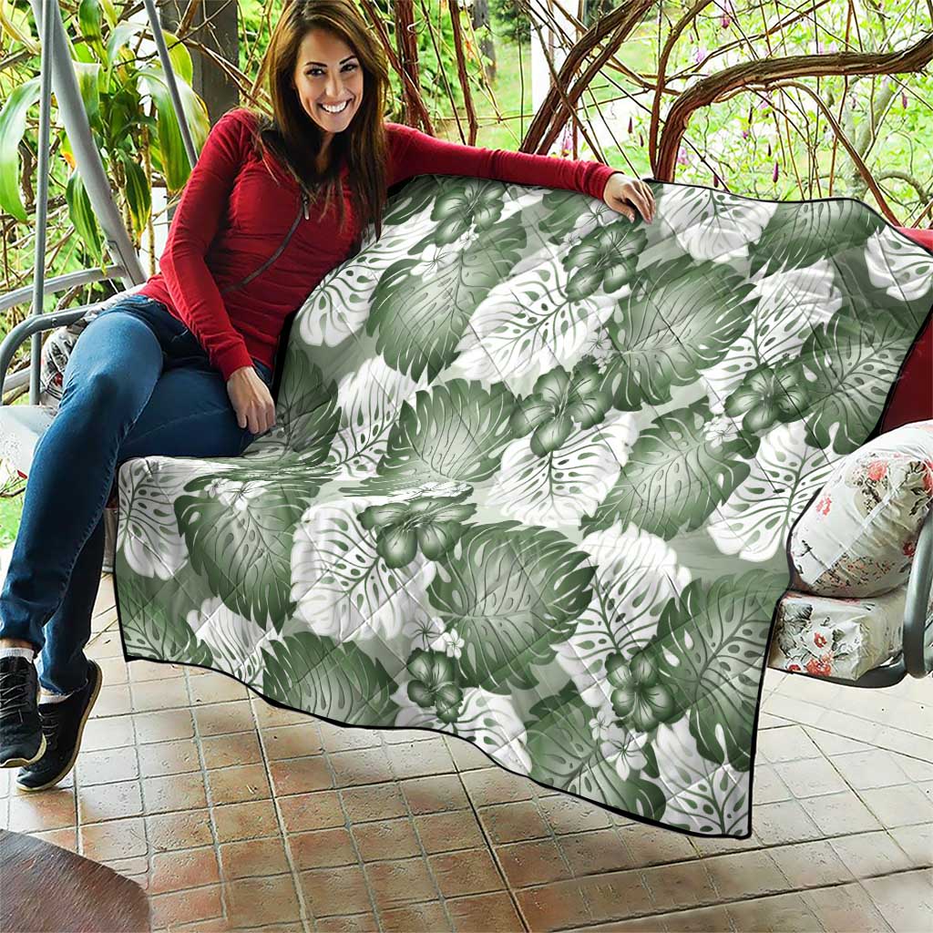 Sage Green Aloha Hawaii Quilt Monstera Hibiscus Plumeria Seamless Vibes - Polynesian Pride