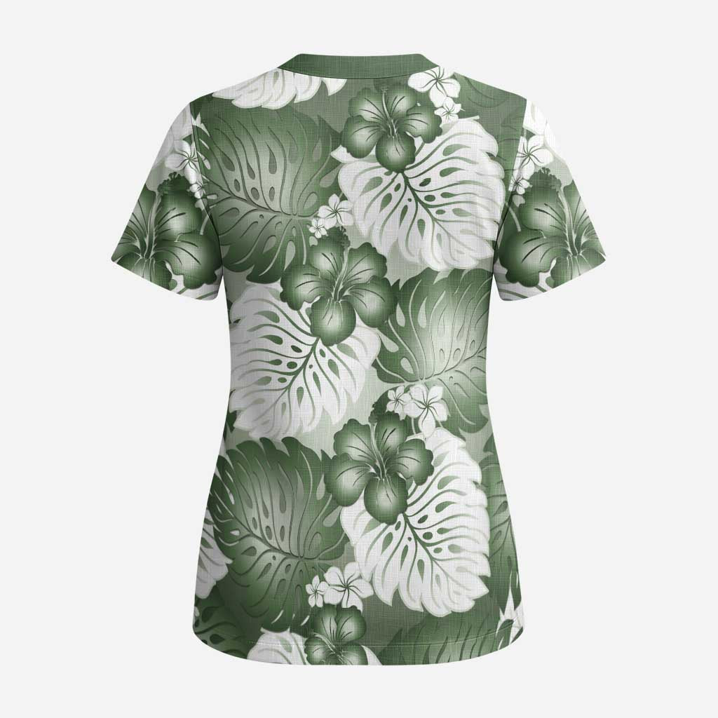 Sage Green Aloha Hawaii Scrub Top Monstera Hibiscus Plumeria Seamless Vibes - Polynesian Pride