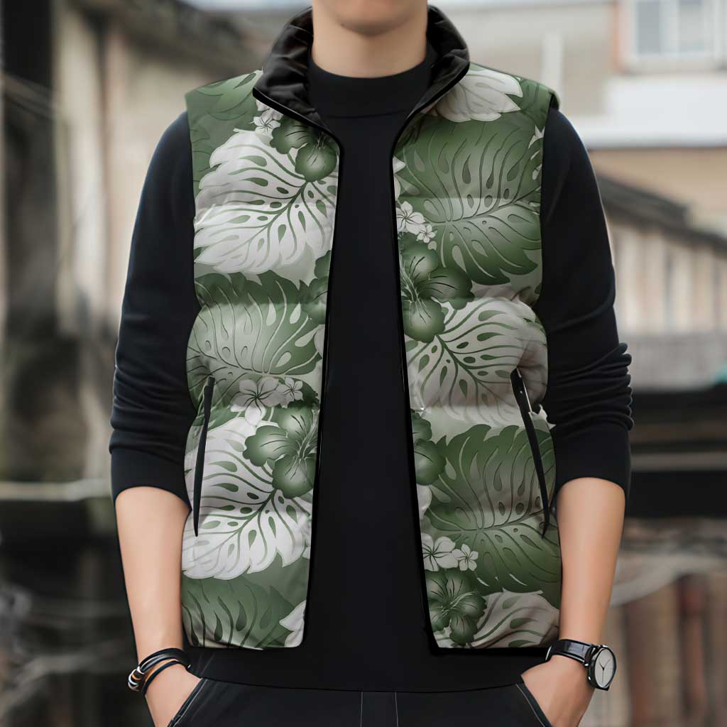 Sage Green Aloha Hawaii Sleeveless Puffer Jacket Monstera Hibiscus Plumeria Seamless Vibes - Polynesian Pride