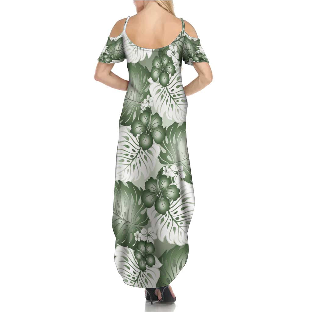 Sage Green Aloha Hawaii Summer Maxi Dress Monstera Hibiscus Plumeria Seamless Vibes - Polynesian Pride