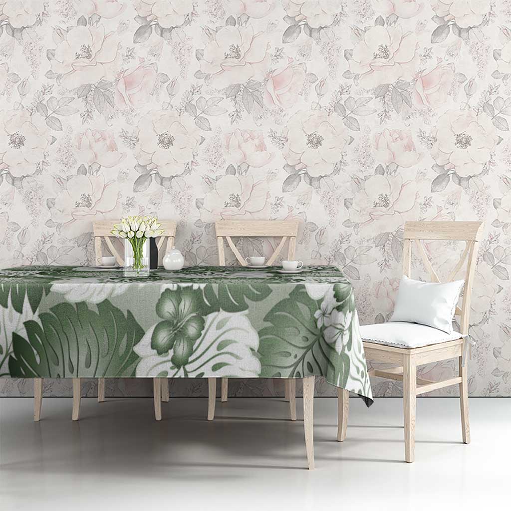 Sage Green Aloha Hawaii Tablecloth Monstera Hibiscus Plumeria Seamless Vibes - Polynesian Pride
