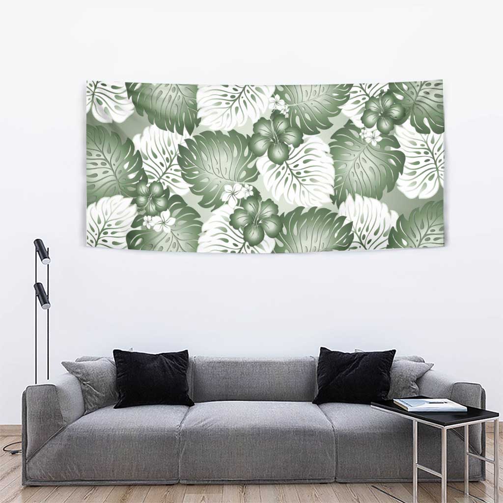 Sage Green Aloha Hawaii Tapestry Monstera Hibiscus Plumeria Seamless Vibes - Polynesian Pride