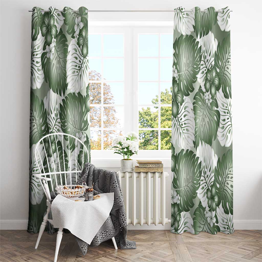 Sage Green Aloha Hawaii Window Curtain Monstera Hibiscus Plumeria Seamless Vibes - Polynesian Pride