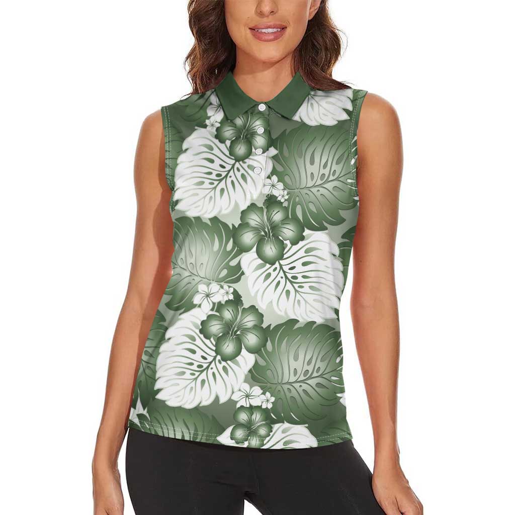 Sage Green Aloha Hawaii Women Sleeveless Polo Shirt Monstera Hibiscus Plumeria Seamless Vibes - Polynesian Pride