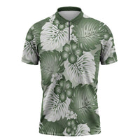 Sage Green Aloha Hawaii Zipper Polo Shirt Monstera Hibiscus Plumeria Seamless Vibes - Polynesian Pride