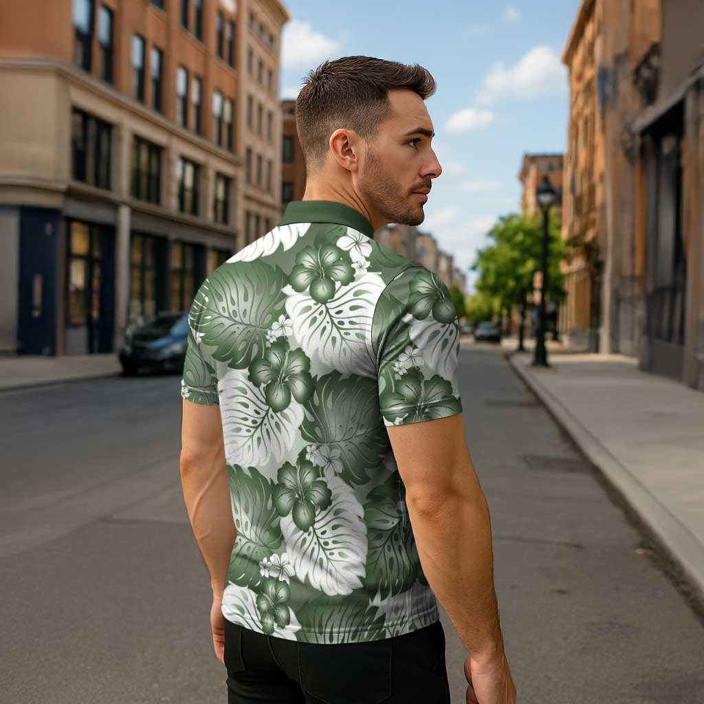 Sage Green Aloha Hawaii Zipper Polo Shirt Monstera Hibiscus Plumeria Seamless Vibes - Polynesian Pride