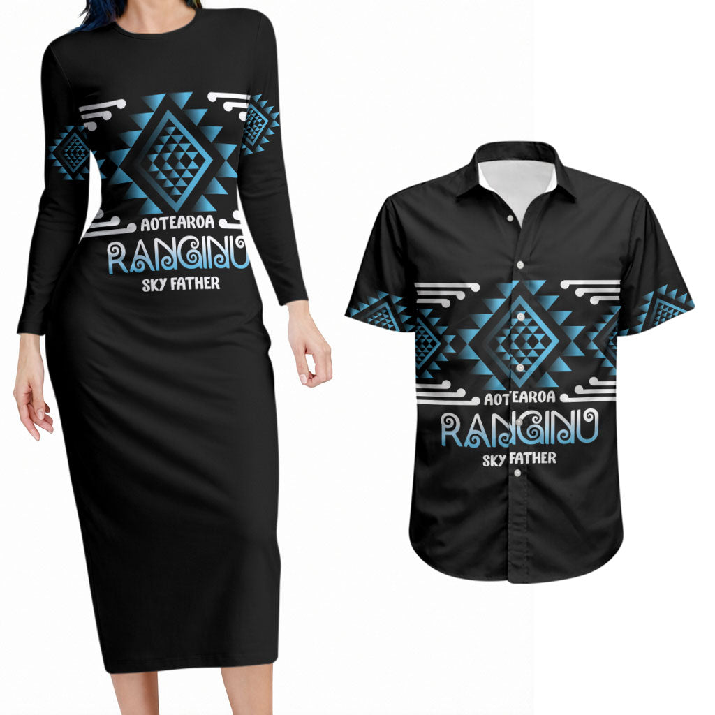 Aotearoa Atua Ranginui Personalised Couples Matching Long Sleeve Bodycon Dress and Hawaiian Shirt Maori Sky Father Taniko Motifs LT14 Blue - Polynesian Pride