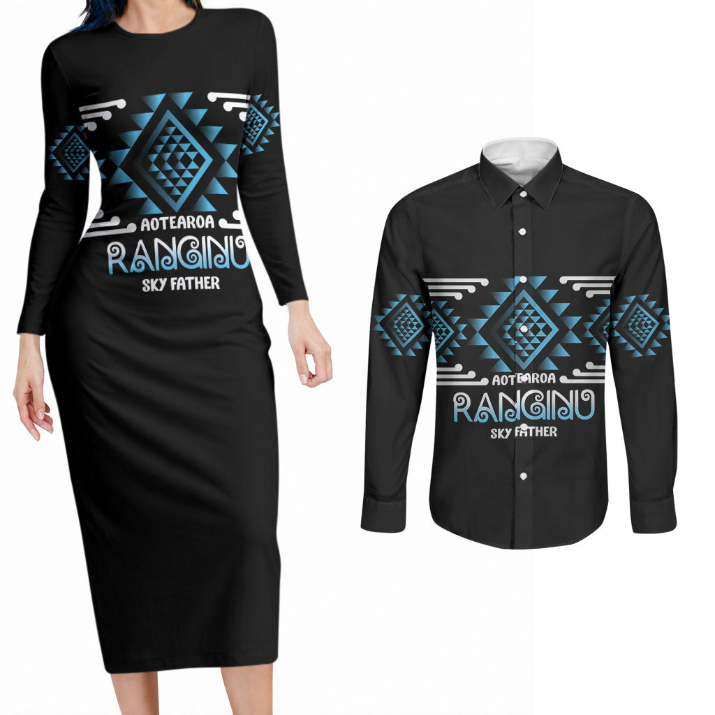 Aotearoa Atua Ranginui Personalised Couples Matching Long Sleeve Bodycon Dress and Long Sleeve Button Shirt Maori Sky Father Taniko Motifs