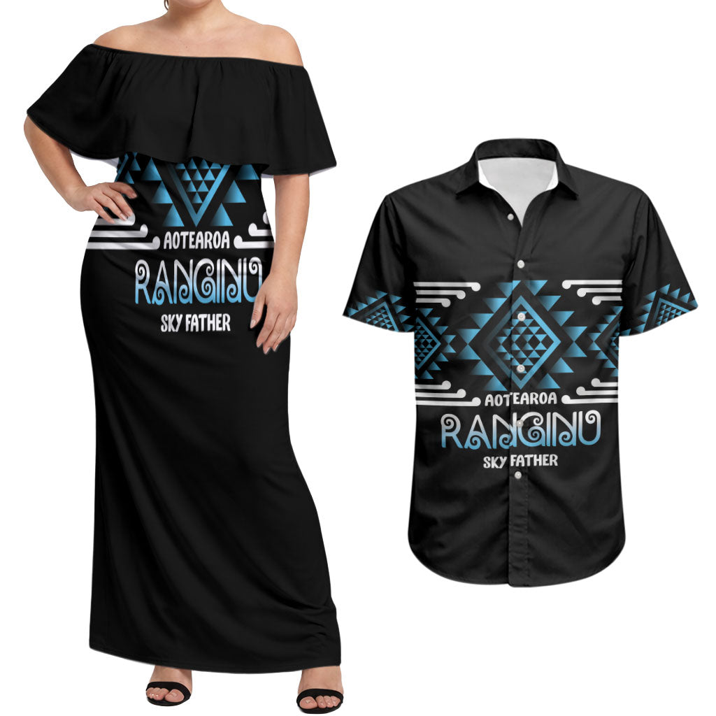 Aotearoa Atua Ranginui Personalised Couples Matching Off Shoulder Maxi Dress and Hawaiian Shirt Maori Sky Father Taniko Motifs LT14 Blue - Polynesian Pride