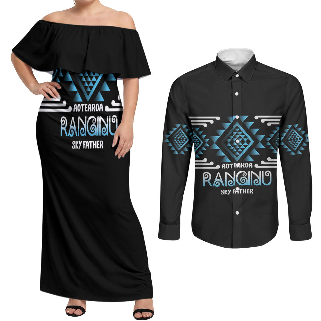 Aotearoa Atua Ranginui Personalised Couples Matching Off Shoulder Maxi Dress and Long Sleeve Button Shirt Maori Sky Father Taniko Motifs