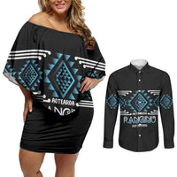 Aotearoa Atua Ranginui Personalised Couples Matching Off Shoulder Short Dress and Long Sleeve Button Shirt Maori Sky Father Taniko Motifs