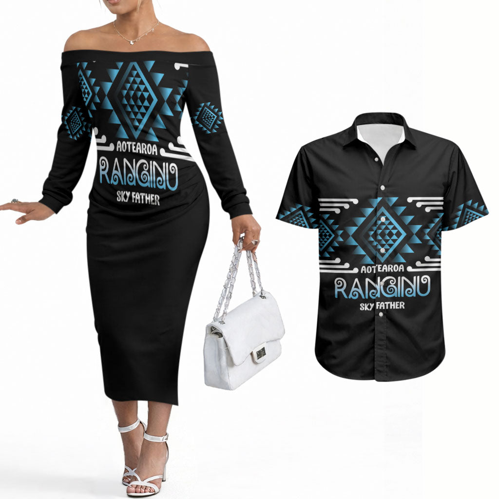 Aotearoa Atua Ranginui Personalised Couples Matching Off The Shoulder Long Sleeve Dress and Hawaiian Shirt Maori Sky Father Taniko Motifs LT14 Blue - Polynesian Pride